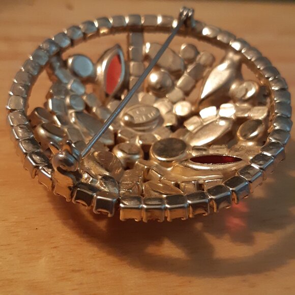 1960s Weiss Pink Rhinestone 2 Inch Circular Domed Vintage Brooch - Picture 3 of 16